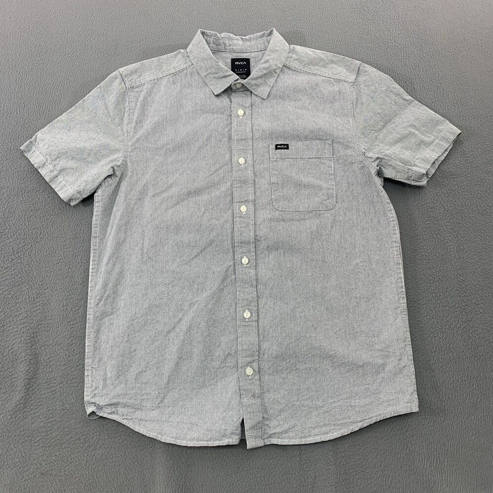 RVCA Shirt Mens Medium Gray Stripe Short Sleeve Button Up Regular Fit Casual
